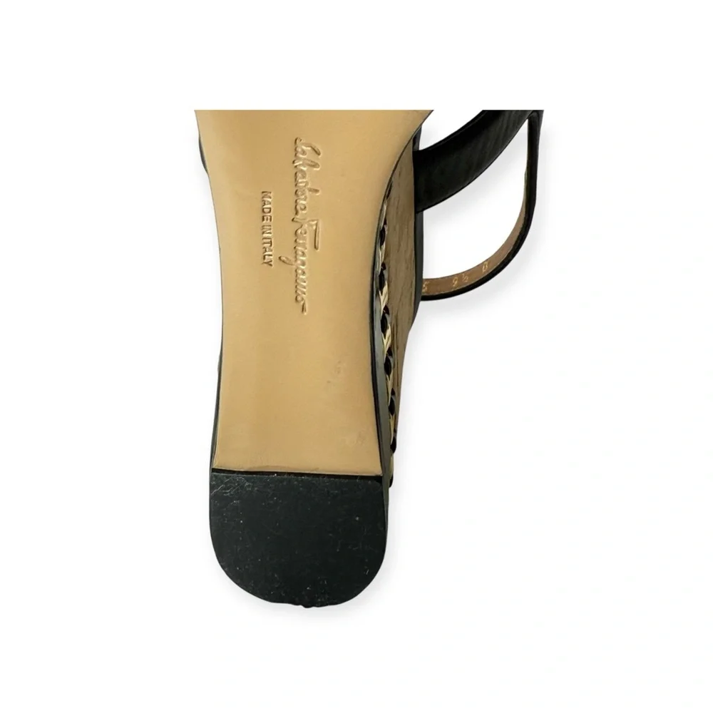 Salvatore Ferragamo ꔘ Mollie Chain Platform Wedge Sandals ꔘ Black Leather ꔘ 9.5B